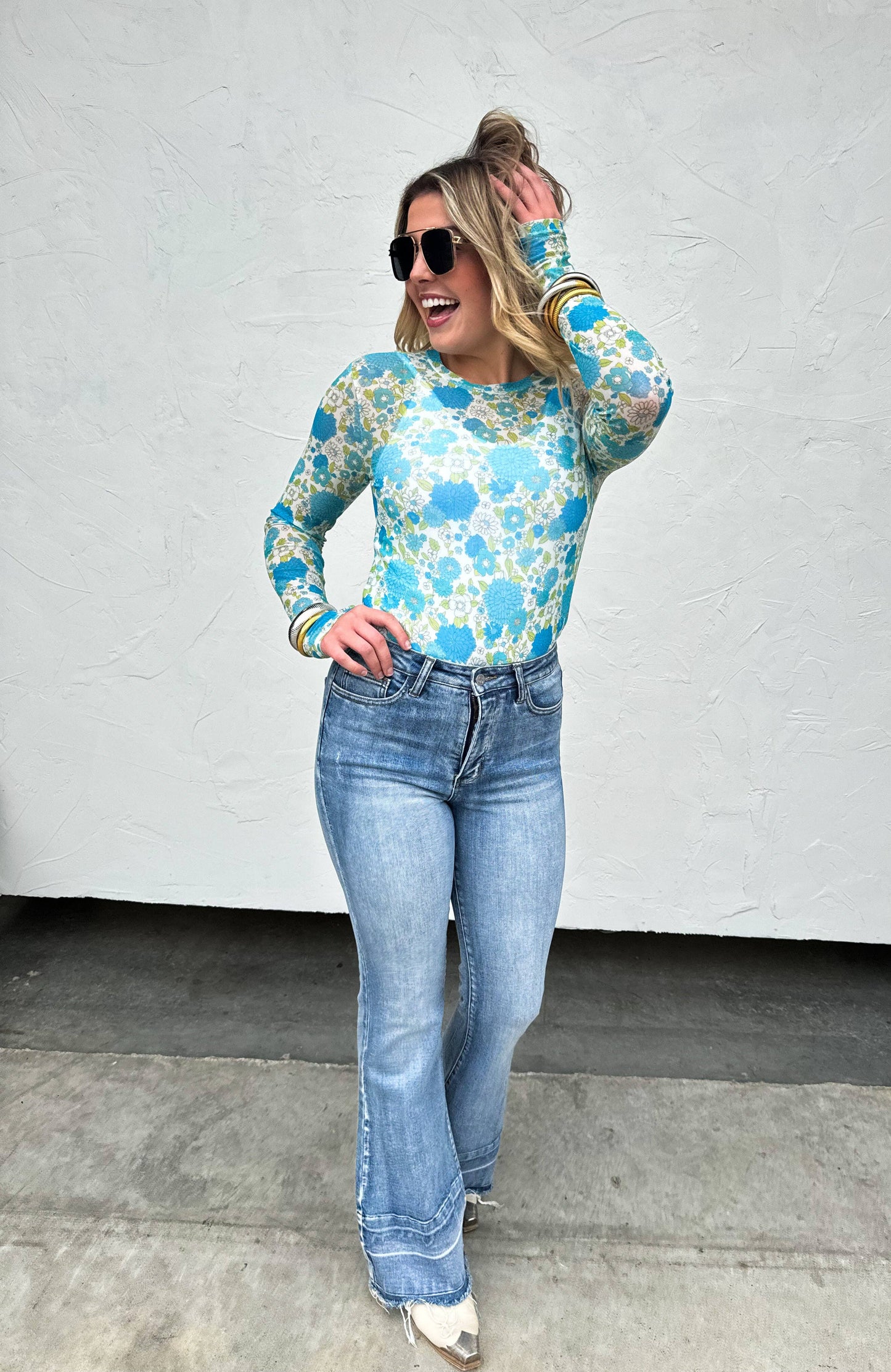 Blue Floral Mesh Top