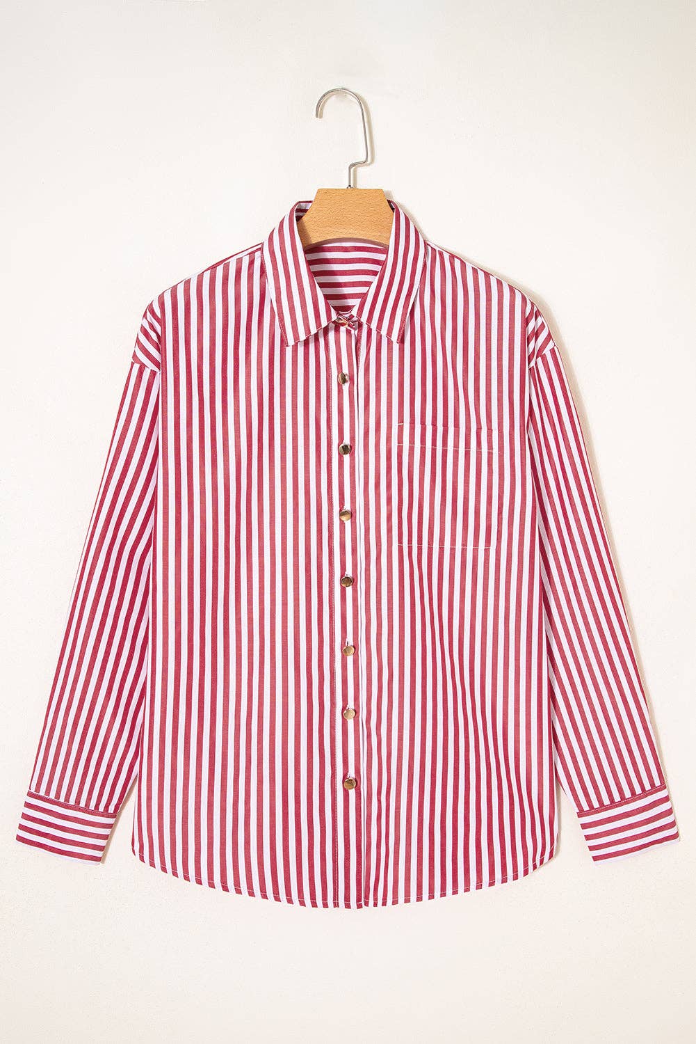 Red Stripe Patched Pocket Side Slit Loose Shirt: Red Stripe / 100%Polyester / XL