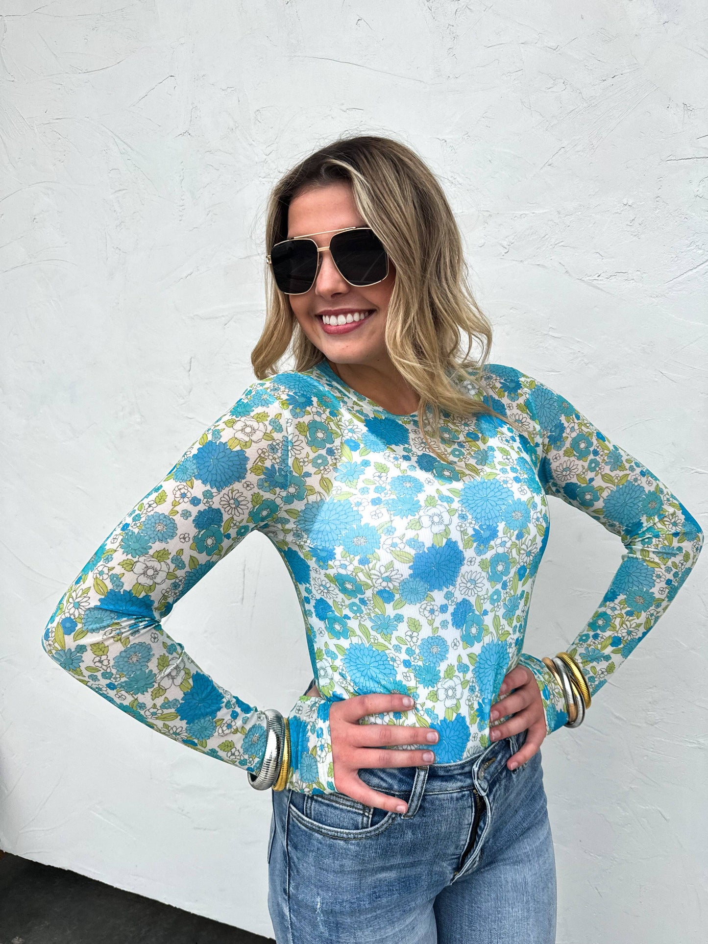 Blue Floral Mesh Top