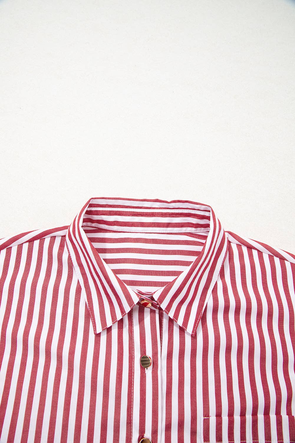 Red Stripe Patched Pocket Side Slit Loose Shirt: Red Stripe / 100%Polyester / XL