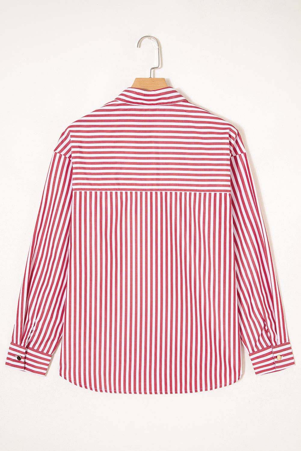 Red Stripe Patched Pocket Side Slit Loose Shirt: Red Stripe / 100%Polyester / XL