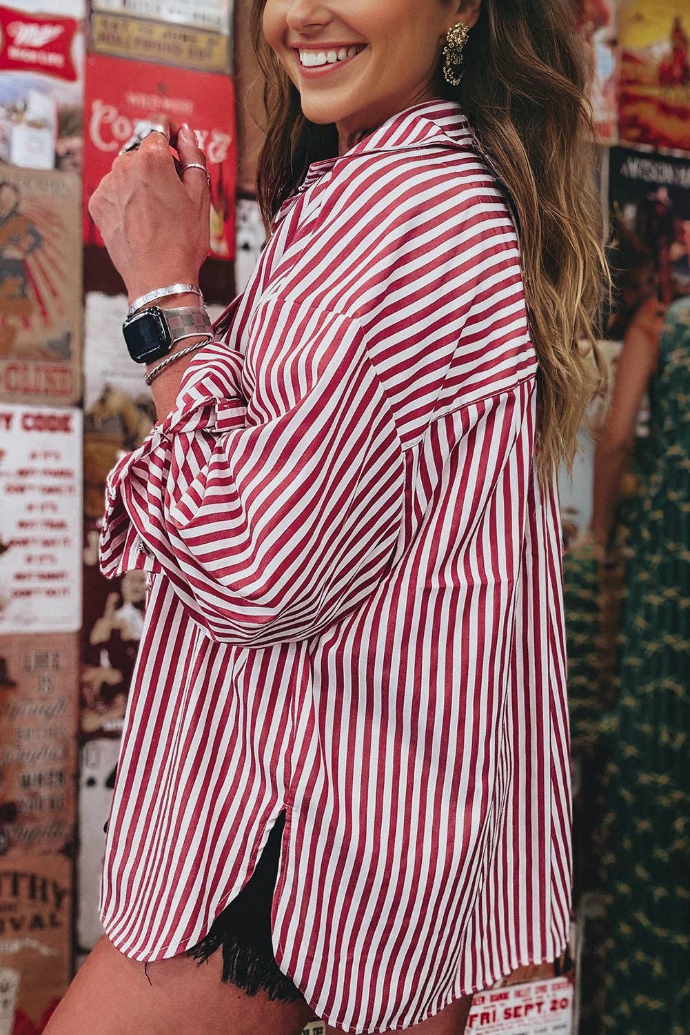 Red Stripe Patched Pocket Side Slit Loose Shirt: Red Stripe / 100%Polyester / XL