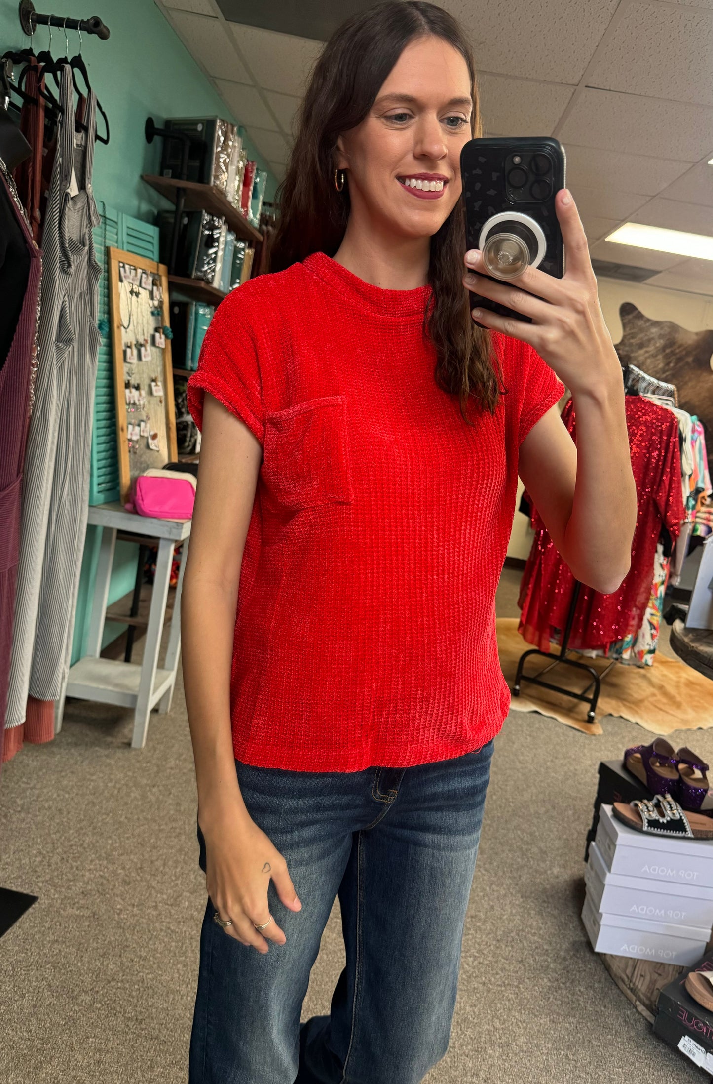 Chenille Waffle Sweater Red