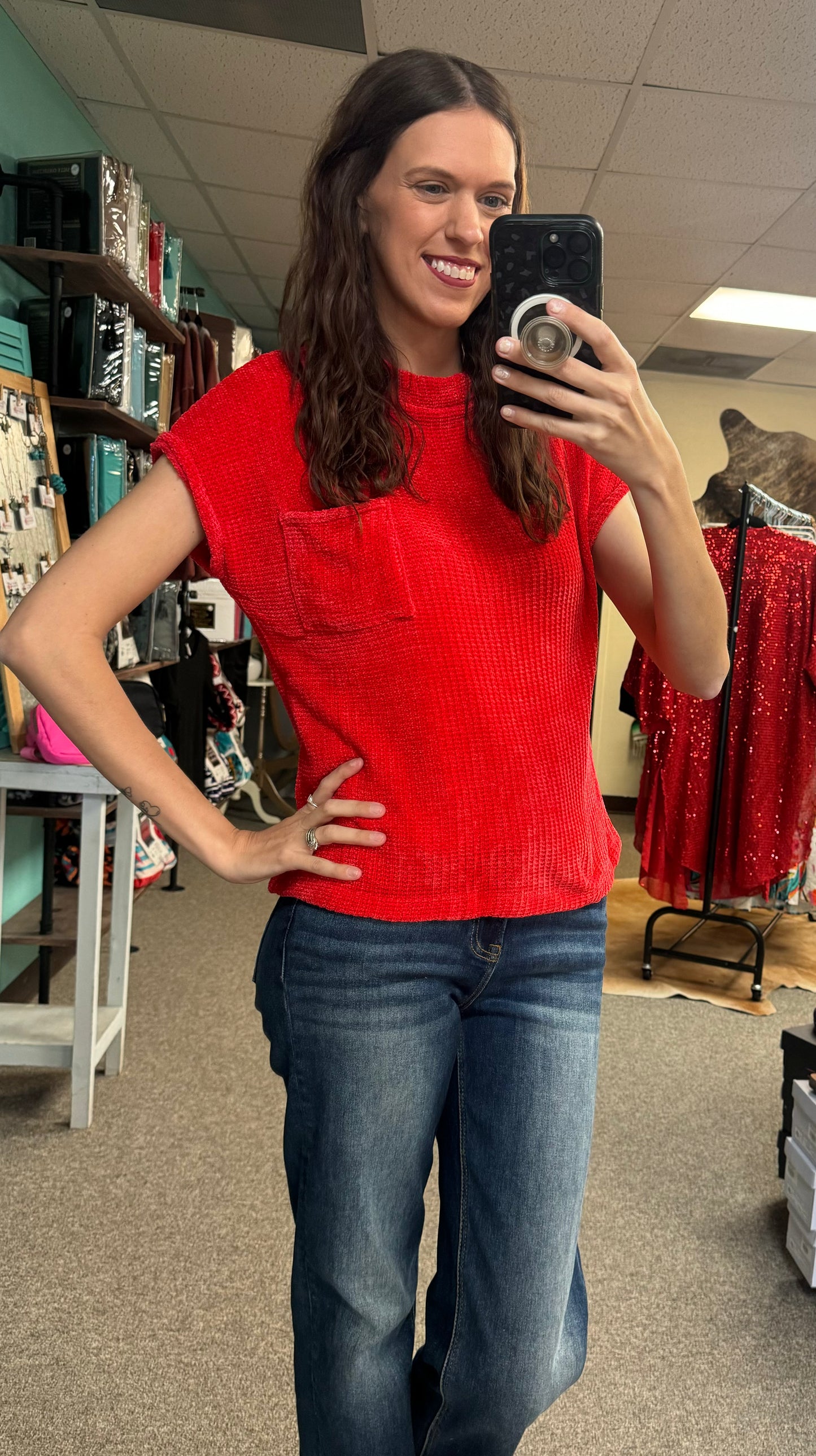 Chenille Waffle Sweater Red