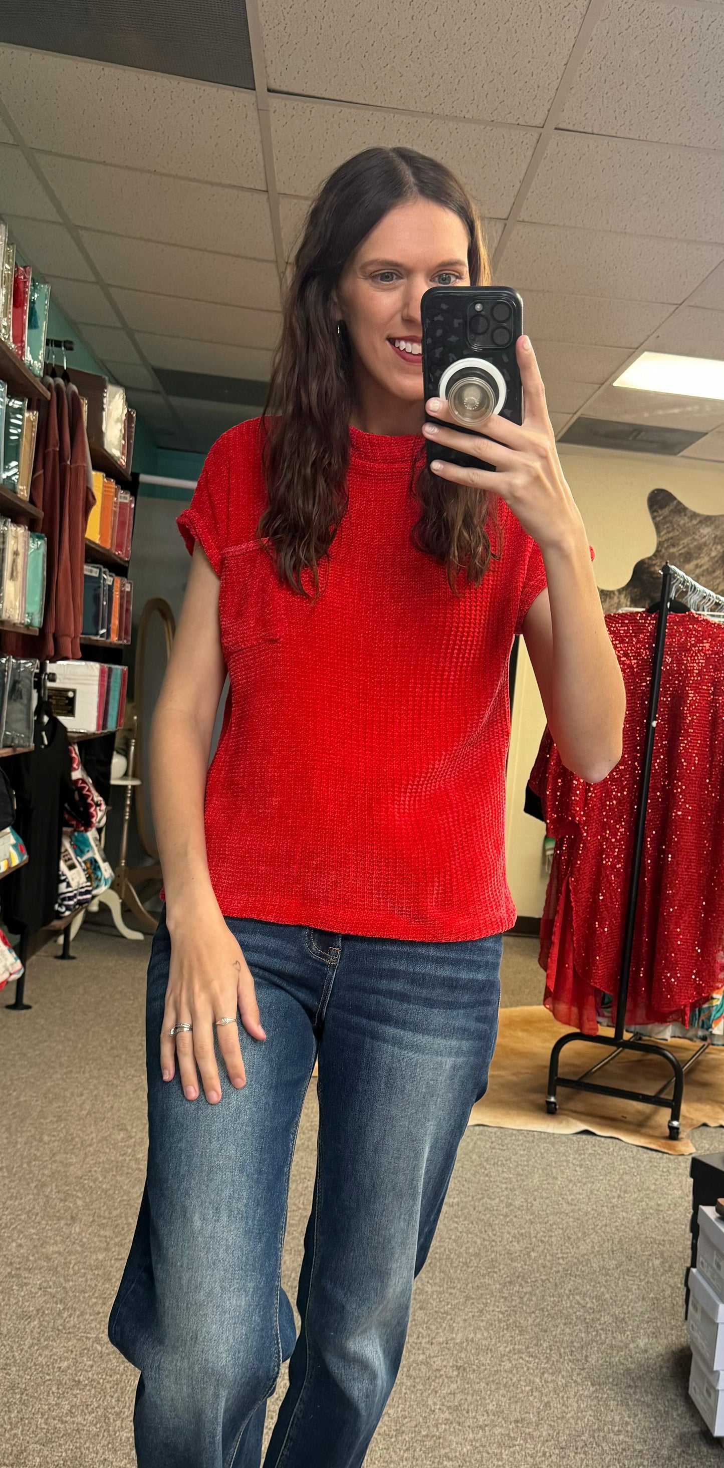 Chenille Waffle Sweater Red