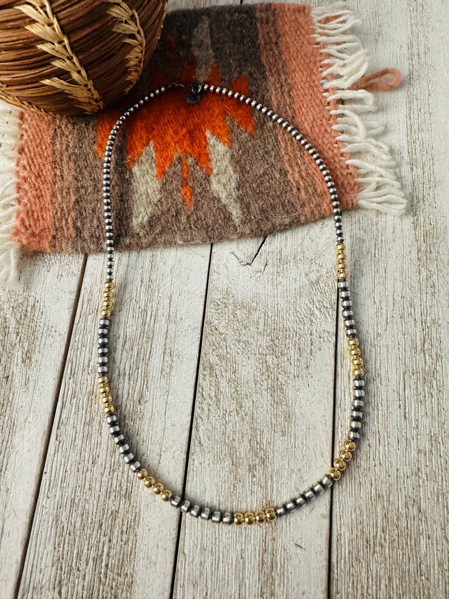 Sterling Silver & Gold Beaded Necklace: 20 Inches
