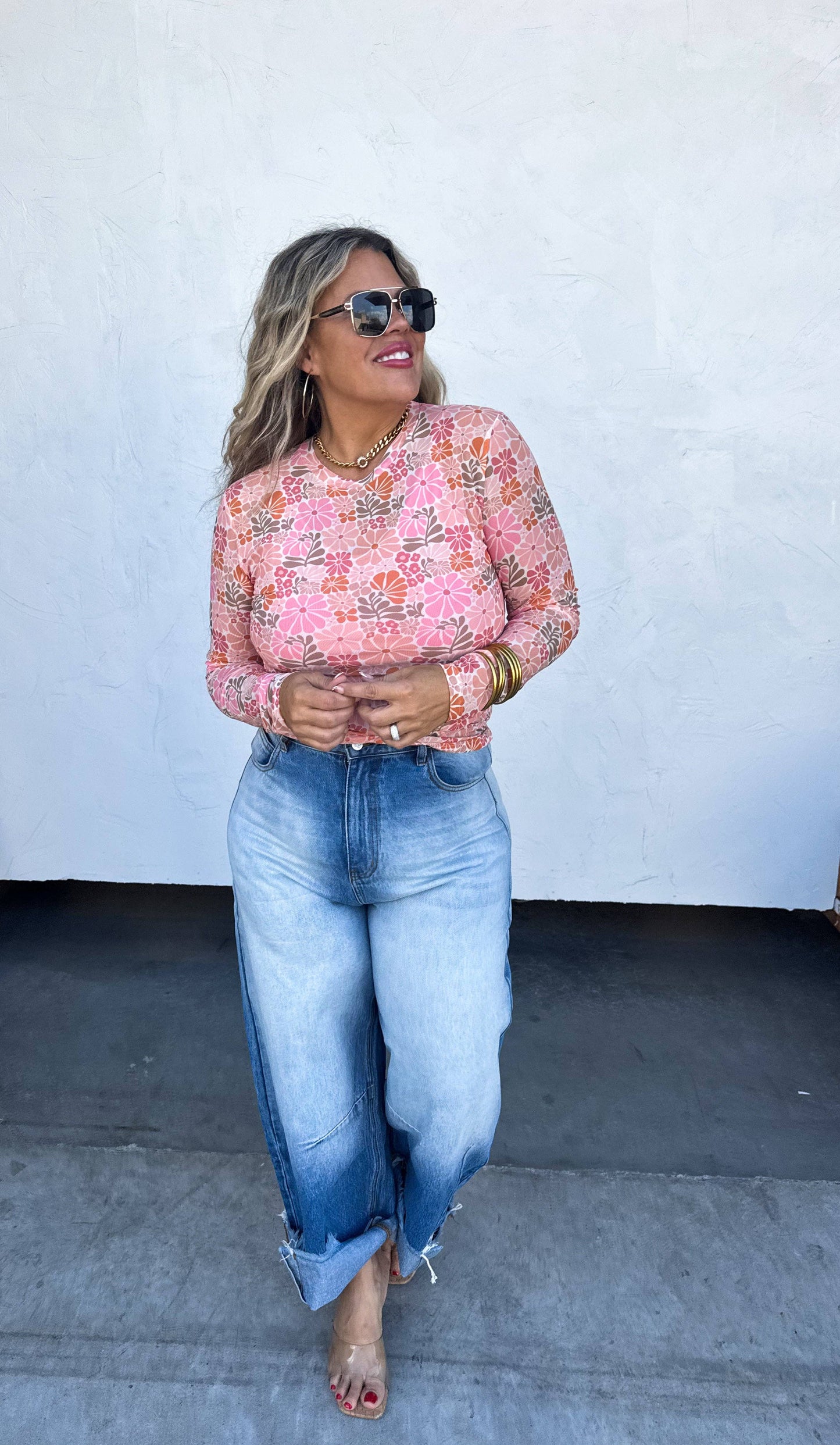 Pink Floral Mesh Top