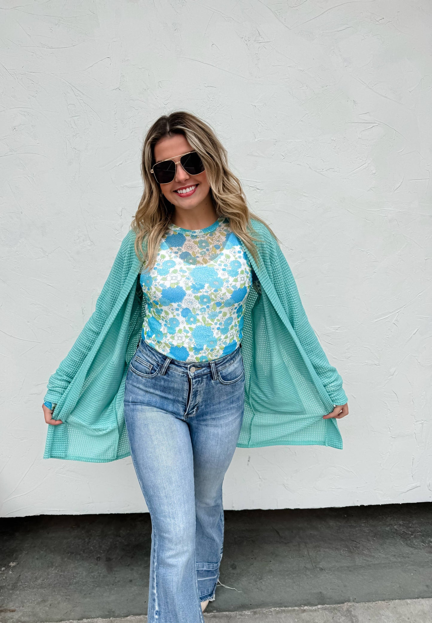 Blue Floral Mesh Top