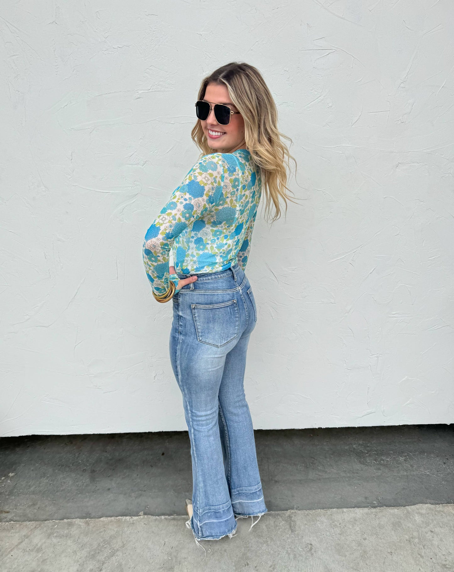 Blue Floral Mesh Top